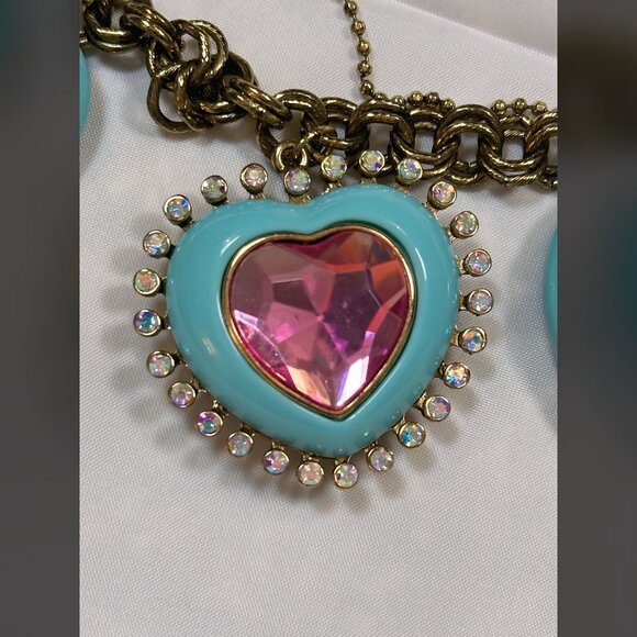 Betsey Johnson Hearts & Bows Necklace Chunky Pink & Blue with Gold Choker Boho - Picture 9 of 14